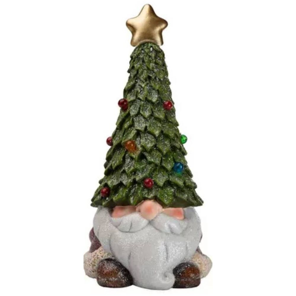 Lighted Holiday Garden Gnome Statue with Christmas Tree Hat